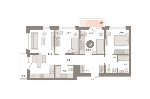3-комнатная, квартира, 84.57 м²