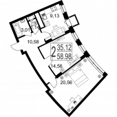 2-комнатная квартира 58,98 м²