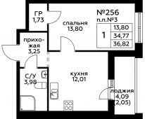 1-комнатная квартира 36,82 м²