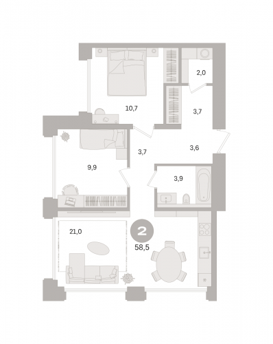 2-комнатная, квартира, 58.5 м²