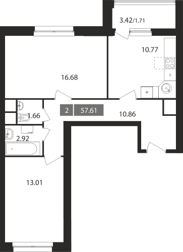 2-комнатная, квартира, 57.61 м²