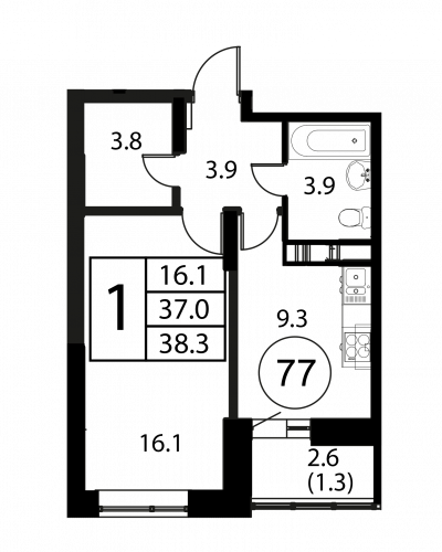 1-комнатная, квартира, 38.3 м²