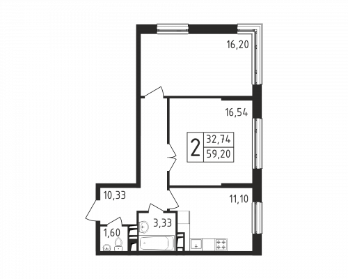 2-комнатная, квартира, 59.2 м²