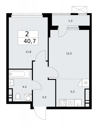 2-комнатная, 40.7 м²