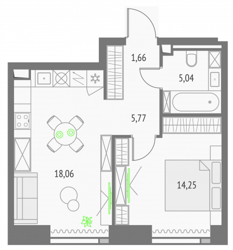 1-комнатная, квартира, 44.78 м²