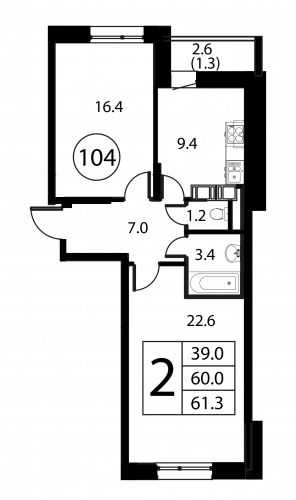 2-комнатная, квартира, 61.3 м²