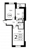 2-комнатная квартира 61,3 м²