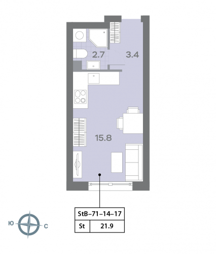 Студия, 21.8 м²