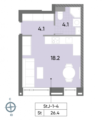 Студия, 26.4 м²
