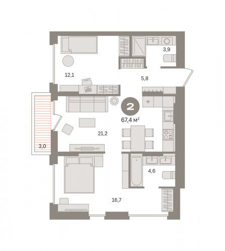 2-комнатная, квартира, 67.36 м²