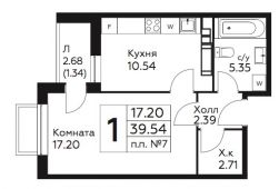 1-комнатная квартира 39,53 м²