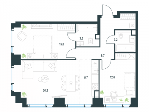 3-комнатная, 69.8 м²