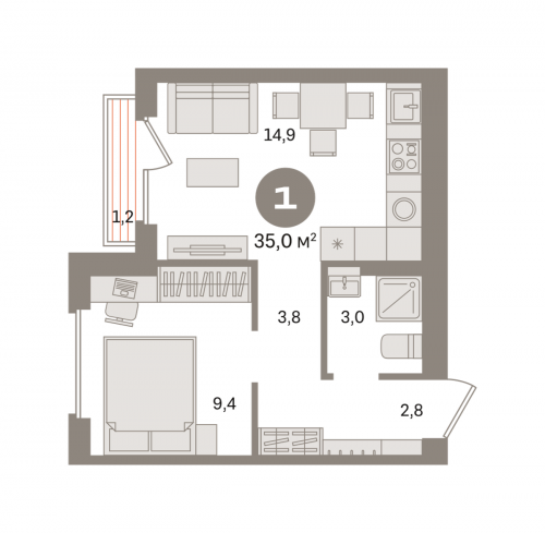 1-комнатная, квартира, 34.96 м²