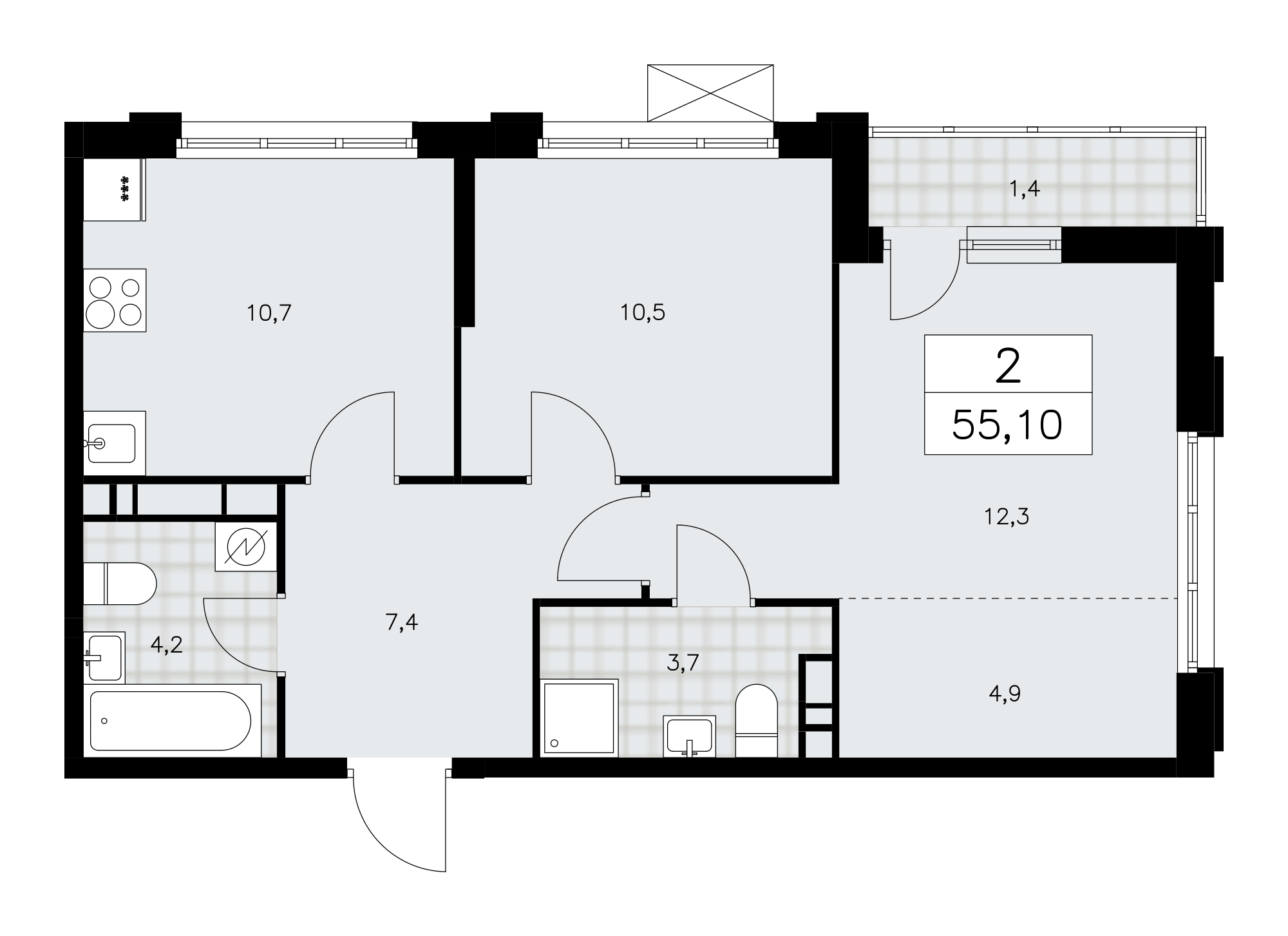 2-комнатная квартира №24К-28.1-49, 55,1 м² за 15,03 млн руб. в ЖК «Скандинавия» - планировка