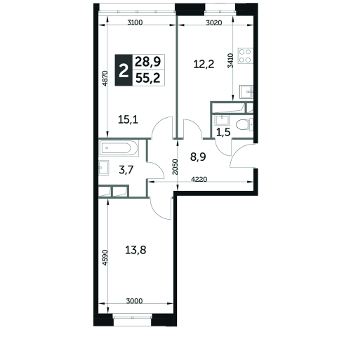 2-комнатная, квартира, 55.2 м²