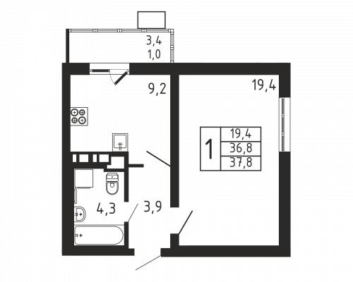 1-комнатная, квартира, 37.8 м²
