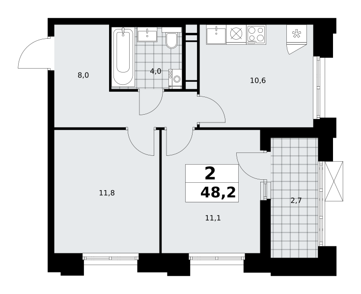 2-комнатная квартира №58К-7.1.3-532, 48,2 м² за 16,32 млн руб. в ЖК «Прокшино» - планировка