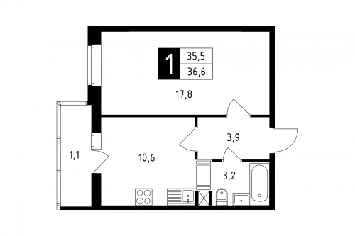 1-комнатная, квартира, 36.6 м²