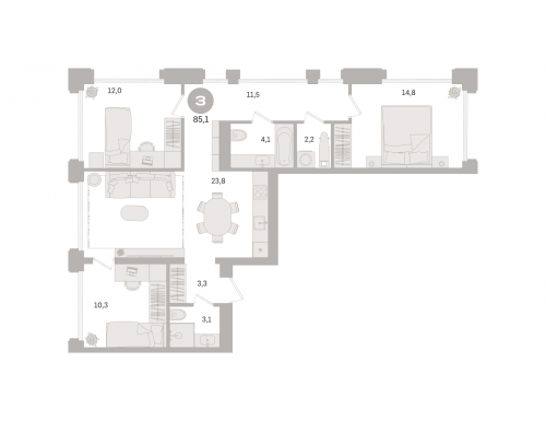 3-комнатная, квартира, 85.1 м²