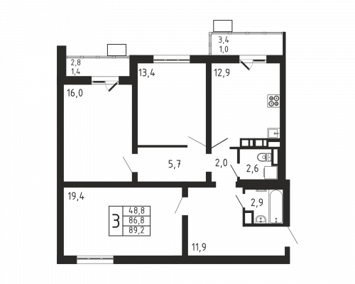 3-комнатная, квартира, 89.2 м²