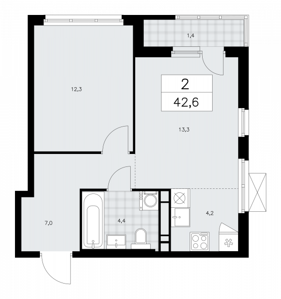 2 комнаты до 42.6