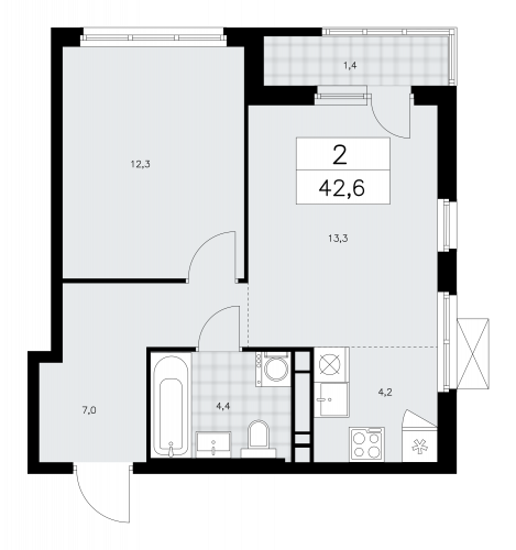2-комнатная, 42.6 м²