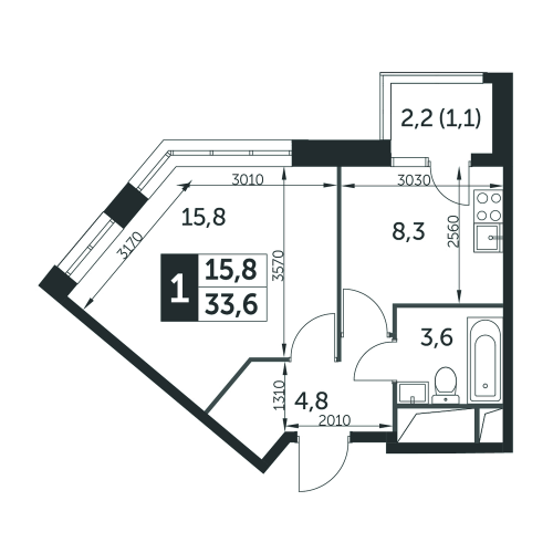 1-комнатная, квартира, 33.1 м²