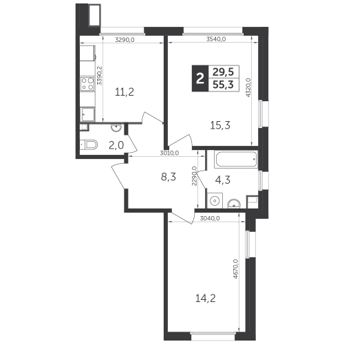 2-комнатная, квартира, 55.2 м²