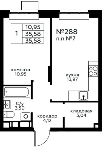 1-комнатная, 35.58 м²