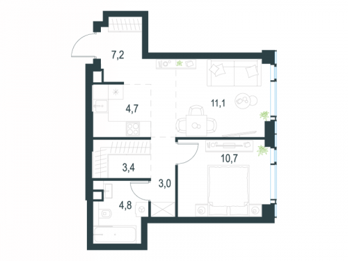 2-комнатная, 44.9 м²
