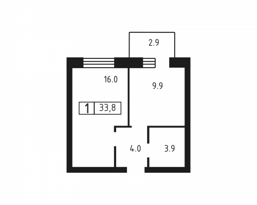 1-комнатная, квартира, 33.8 м²