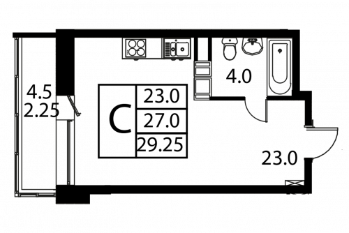 Студия, 29.25 м²