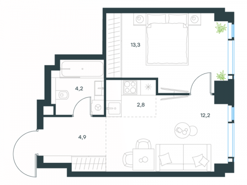2-комнатная, 37.4 м²