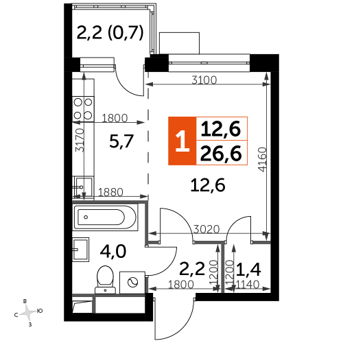 Студия, 26.6 м²