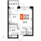 1-комнатная квартира 26,6 м²