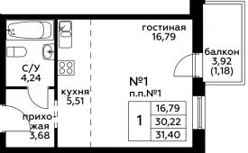 1-комнатная квартира 31,4 м²
