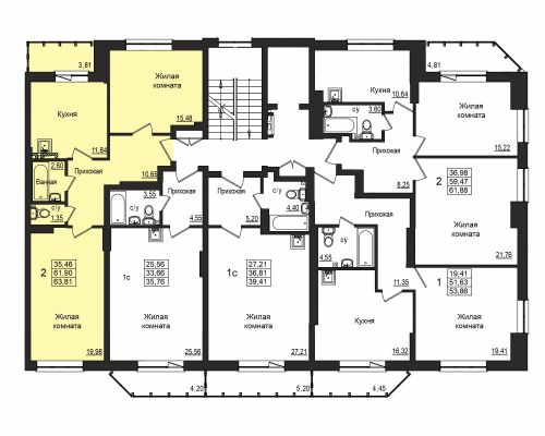 2-комнатная, квартира, 61.5 м²