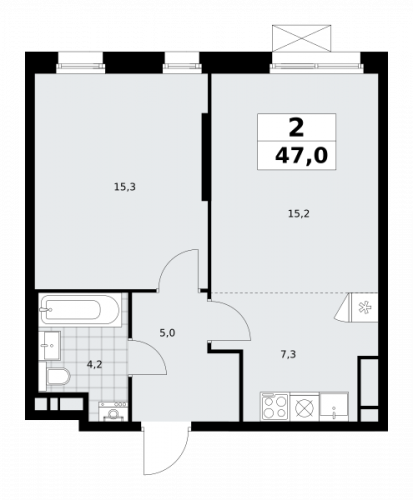 2-комнатная, 47 м²