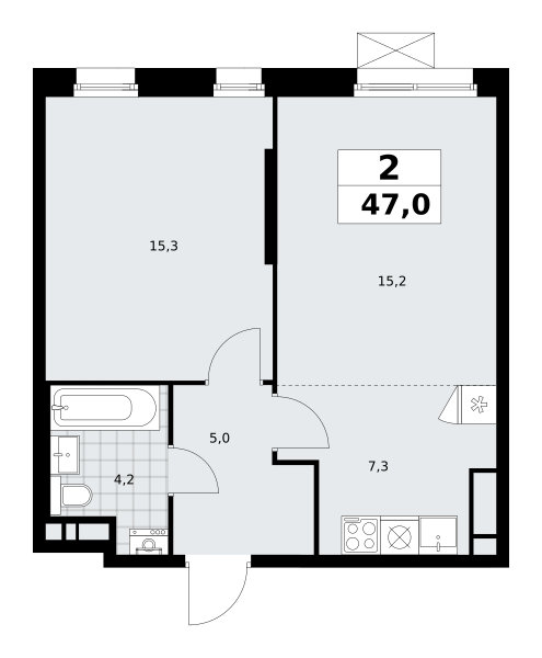 2-комнатная квартира №58К-7.1.1-171, 47,0 м² за 13,26 млн руб. в ЖК «Прокшино» - планировка