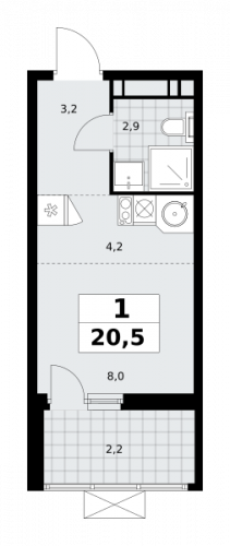 1-комнатная, 20.5 м²