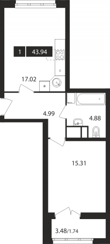 1-комнатная, квартира, 43.94 м²