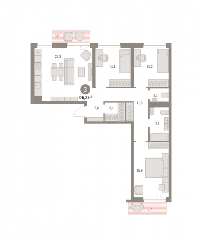 3-комнатная, 95.25 м²
