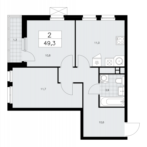 2-комнатная, 49.3 м²