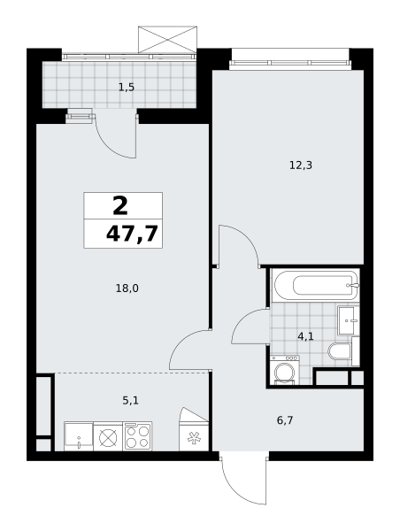 2-комнатная квартира №58К-7.1.4-635, 47,7 м² за 13,73 млн руб. в ЖК «Прокшино» - планировка