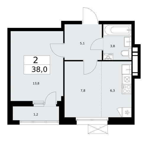 2-комнатная, 38 м²