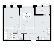 3-комнатная квартира 56,3 м²