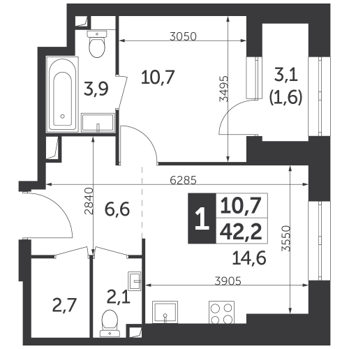 1-комнатная, квартира, 42.2 м²