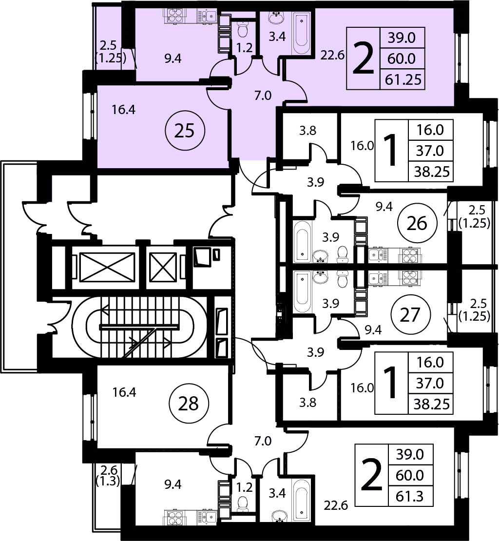 2-комнатная квартира №25, 61,3 м² за 9,03 млн руб. в ЖК «Космос» - планировка