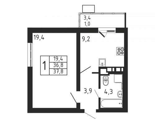 1-комнатная, квартира, 37.8 м²