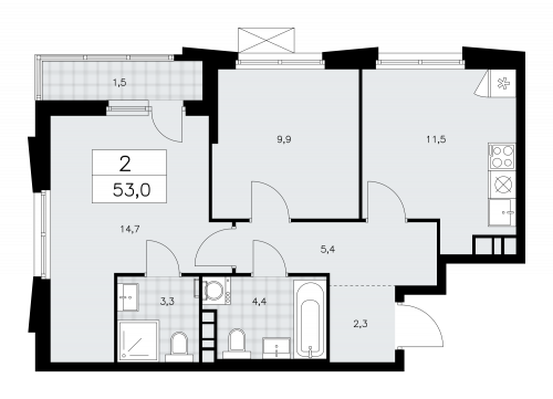 2-комнатная, 53 м²
